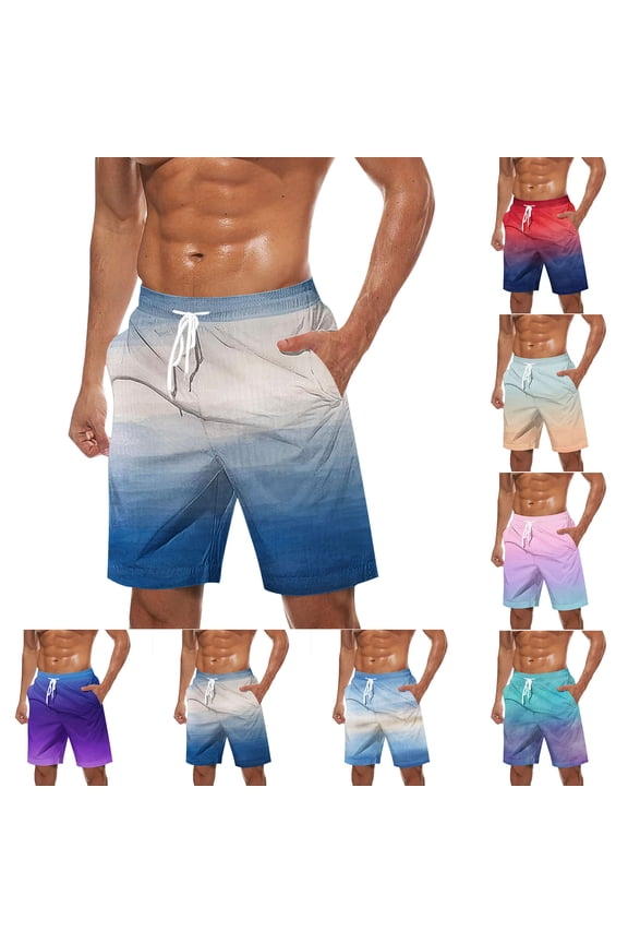 Mens Swim Trunks Plus Size Bathing Suit Board Shorts Summer Drawstring Beach Shorts Gradient Color Vacation Shorts with Pockets Casual Swimwear Surfing