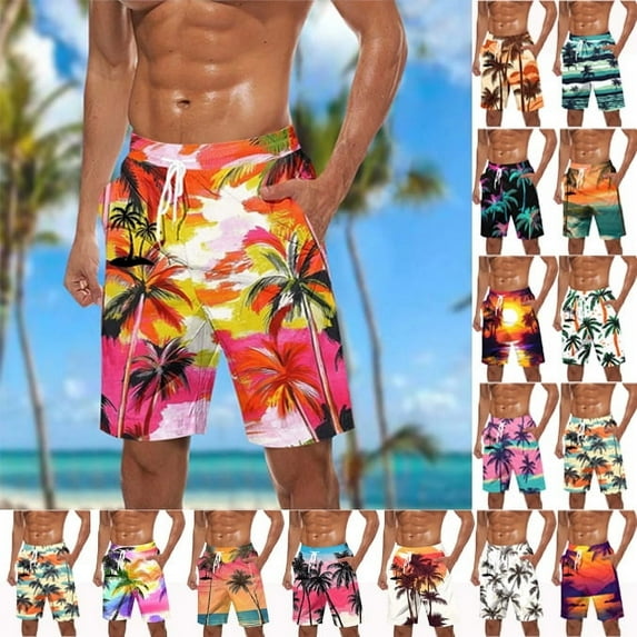 Horkkom Mens Swim Trunks Summer Drawstring Beach Shorts Vacation Hawaiian Shorts with Pockets Casual Swimwear, Gifts for Men