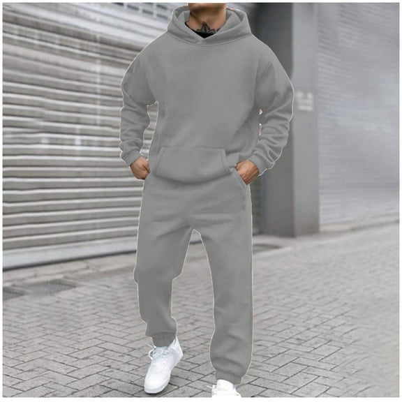 Axiiglly Mens Track Suits Solid Color Hooded Sweatshirt Tracksuit Elastic Waist Jogging Sweatpant with Pockets Casual Outdoor Hiking Running Sport 2 Piece Suits Set S-2XL