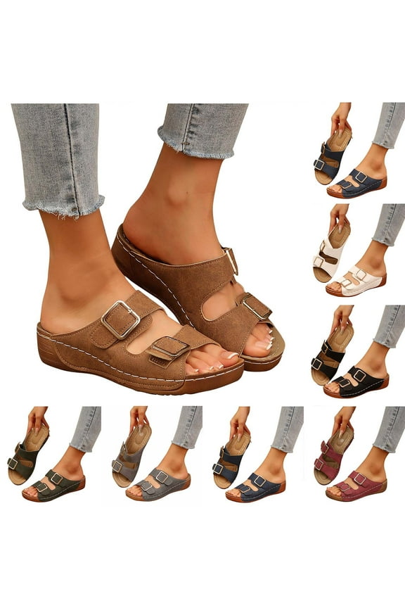 Orthopedic Sandals for Women Casual Wide Width Comfortable Flat Sandals Soft Adjustable Straps Footbed Sandal Dressy Open Toe Walking Sandal Fashion Buckle Beach Sandals