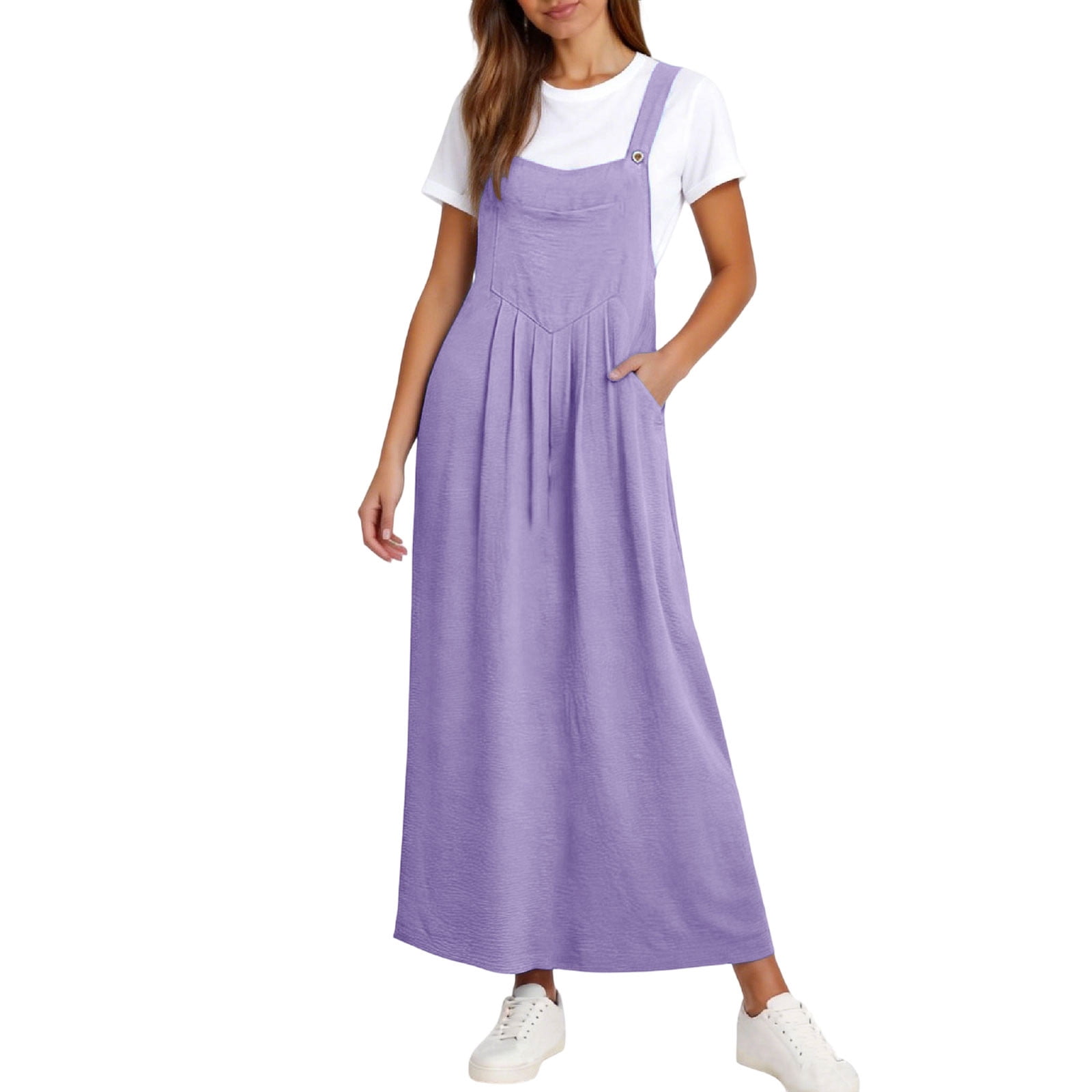 flowy pinafore dress Women's Adjustable Strap Sleeveless Flowy Maxi Casual Pinafore Dress with Pockets