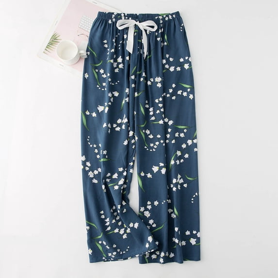 Axiiglly Pajama Pants Women Elastic Waist Floral Loose Soft Sleep Pants Summer Casual Loungewear Sleep Bottoms