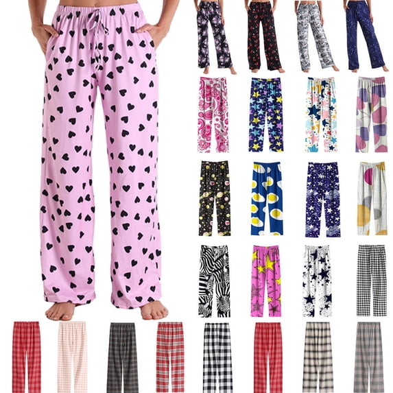 Axiiglly Pajama Pants for Women Floral Printed Elastic Waist Pajama Bottoms Casual Comfy Loose Cotton Sleepwear Plus Size Full Length Pants with Pockets on Clearance