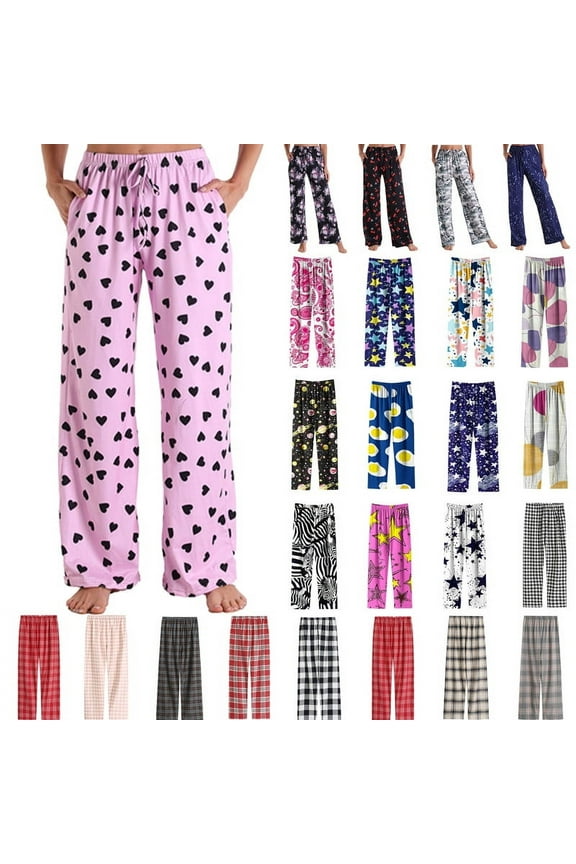 Pajama Pants for Women Floral Printed Elastic Waist Pajama Bottoms Casual Comfy Loose Cotton Sleepwear Plus Size Full Length Pants with Pockets