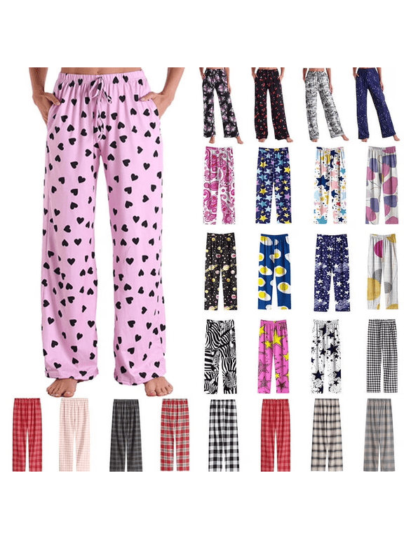 Pajama Pants for Women Heart Printed Elastic Waist Pajama Bottoms Casual Comfy Loose Cotton Sleepwear Plus Size Full Length Pants with Pockets
