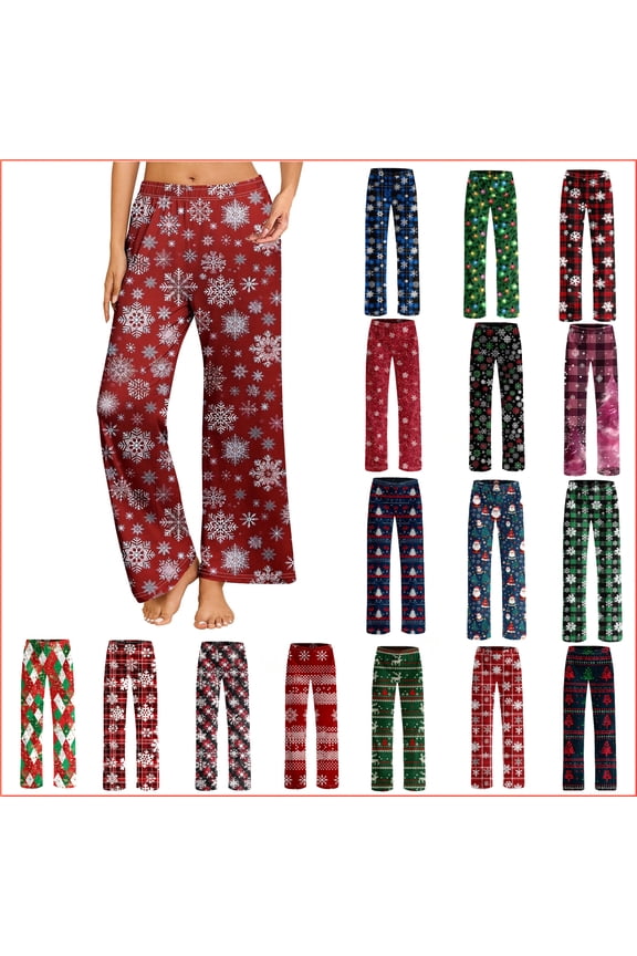 Pajama Pants for Women Plus Size Christmas Printed Elastic Waist Sleep Pants Casual Loose Long Straight Sleepwear with Pockets S-5XL