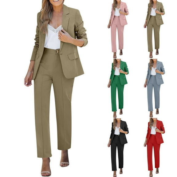 Axiiglly Pant Suits for Women Dressy 2 Piece Outfit Long Sleeve Slim Fit Blazer with Straight Leg Pants Elegant Business Suit Sets
