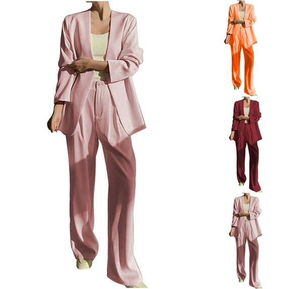 Horkkom Pant Suits for Women Dressy Two Pieces Outfit Long Sleeve Business Casual Blazer Jacket with Straight Leg Pant Suit Set for Work