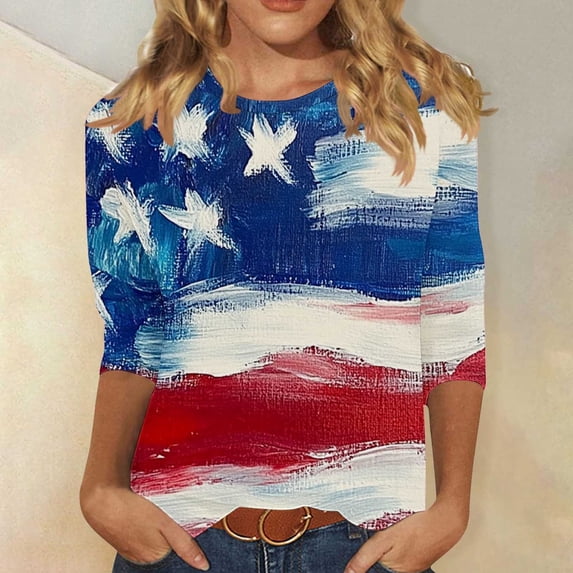 Axiiglly Patriotic Shirts for Women 3/4 Sleeve USA Starts and Stripes Fashion Graphic T Shirts for 4th of July, S-5XL
