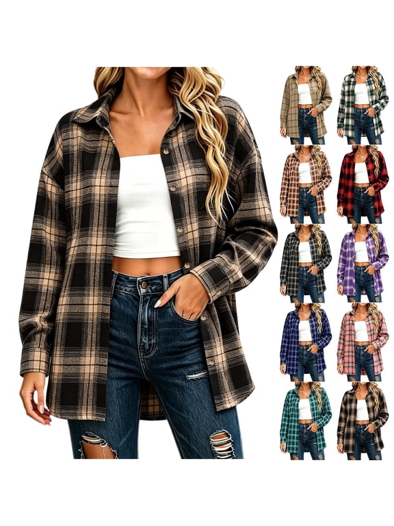 Plaid Flannel Shirts for Women, Casual Long Sleeve Lapel Button Down Shirts, Fitted Women's Plus Size Business Work Tops, Coffee Size S-2XL