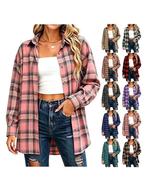 Plaid Flannel Shirts for Women, Casual Long Sleeve Lapel Button Down Shirts, Fitted Women's Plus Size Business Work Tops, Pink Size S-2XL