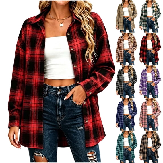 Axiiglly Plaid Flannel Shirts for Women, Casual Long Sleeve Lapel Button Down Shirts, Fitted Women's Plus Size Business Work Tops, Red Size S-2XL