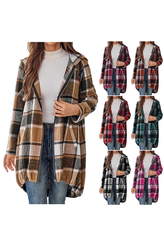 Plaid Jacket for Woman Long Zip Up Hoodie Casual Fall Jackets with Pockets L