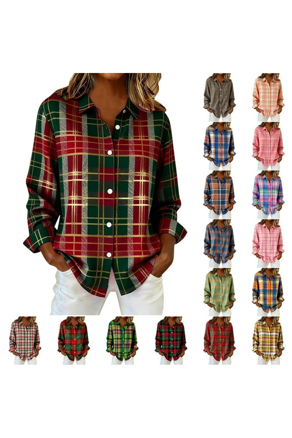 Plaid Shirts for Women Christmas Long Sleeve Button Down Shirts Casual Loose Flannel Shirt L
