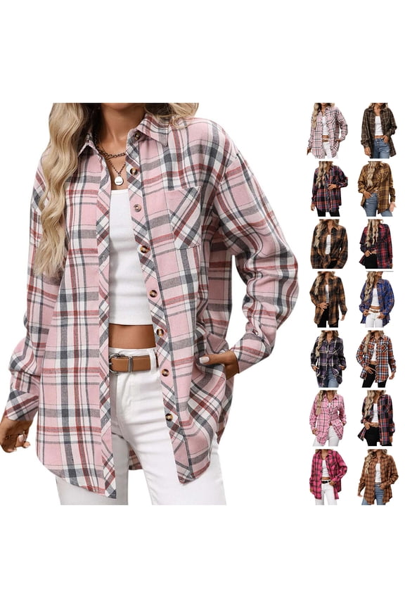 Plaid Shirts for Women Long Sleeve Button Down Flannel Shirt Fall Casual Plaid Jacket with Pocket XXL