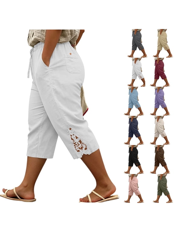 Plus Size Capri Pants for Women, Drawstring High Waist Casual Loose Capris, Oversize Pull On Cropped Pants with Pockets, S-5XL
