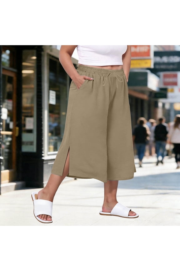 Plus Size Capris for Women Cotton Linen Drawstring Elastic Waist Wide Leg Lounge Capris with Pockets High Rise Cropped Pants, L-4XL