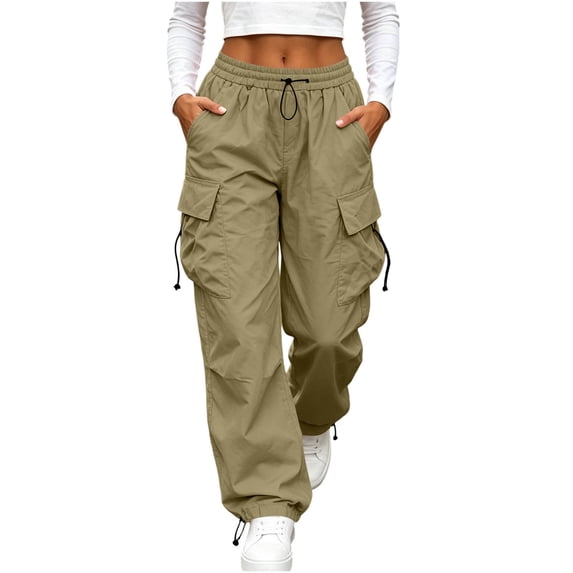 Axiiglly Plus Size Cargo Pants for Women, Casual Drawstring Elastic Waist Khaki Work Pants with Multi Pockets, Baggy Stretchy Wide Leg Hiking Streetwear, XXXL