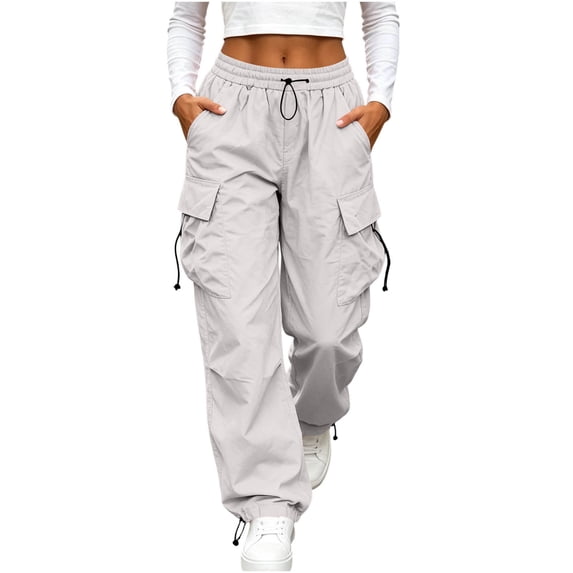 Axiiglly Plus Size Cargo Pants for Women, Casual Drawstring Elastic Waist Silver Work Pants with Multi Pockets, Baggy Stretchy Wide Leg Hiking Streetwear, XXXXXL