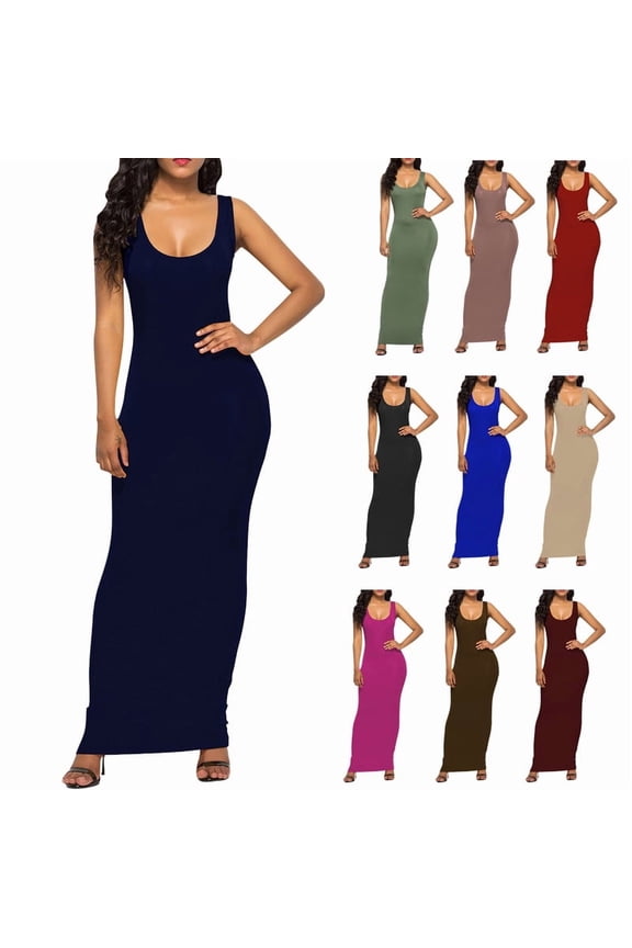 Plus Size Dress for Women Summer Sleeveless V Neck Maxi Dress Casual Solid Color Slim Beach Dress