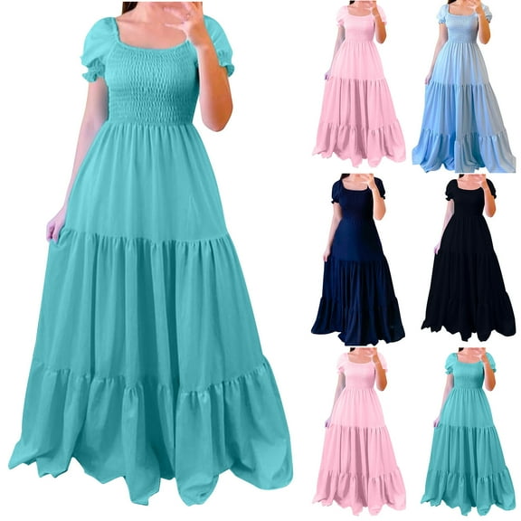 Axiiglly Plus Size Dress for Women Solid Color Party Dresses Stretchy Ruffle Summer Dresses Elastic Waist Casual Maxi Dress
