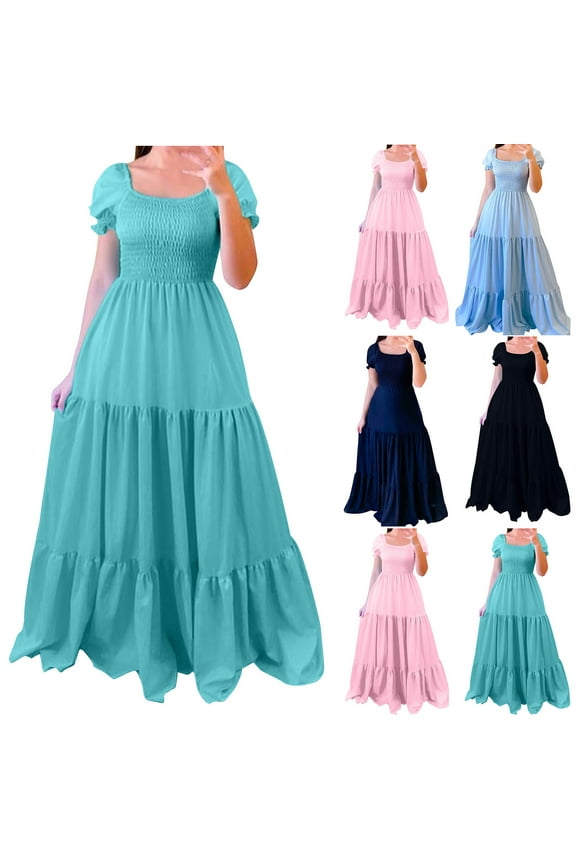 Plus Size Dress for Women Solid Color Party Dresses Stretchy Ruffle Summer Dresses Elastic Waist Casual Maxi Dress