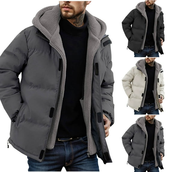 Horkkom Puffer Jacket Men Warm Winter Windproof Hooded Jackets Fleece Liner Snow Coat Oversized Mountain Ski Jacket with Pockets