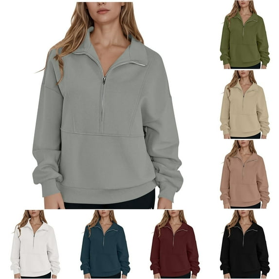 Horkkom Quarter Zip Pullover Women Casual V Neck Sweatshirt Loose 1/4 Zip Sweatshirts S