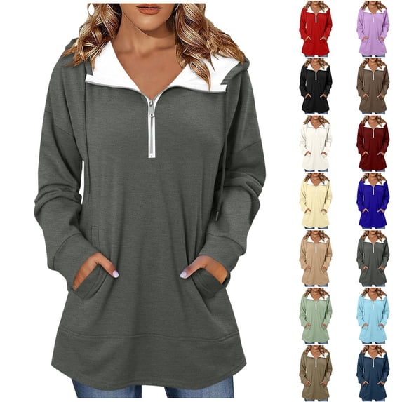 Horkkom Quarter Zip Pullover Women Long Sleeve V Neck Sweatshirt Casual Loose 1/4 Zip Pullover Sweatshirts with Pockets S