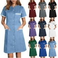 thumbnail image 1 of Horkkom Scrub Dresses for Nurses Splicing Color Nursing Dress Button Down Nurse Dress Uniform with Pockets Stretchy Scrub Work Midi Dress, 1 of 7