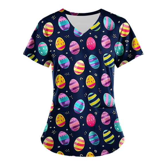Axiiglly Scrubs for Women Easter Printed Nursing Tops Casual V Neck Scrub Tops with Pockets Short Sleeve Stretchy Nursing Undershirts Holiday Cute Egg Scrubs Uniform
