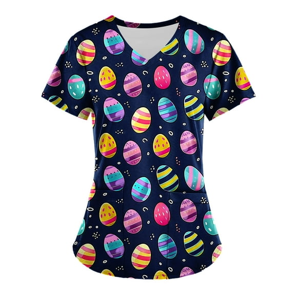 Axiiglly Scrubs for Women Easter Printed Nursing Tops Casual V Neck Scrub Tops with Pockets Short Sleeve Stretchy Nursing Undershirts Holiday Cute Egg Scrubs Uniform
