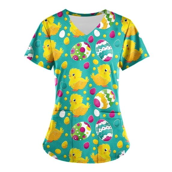 Axiiglly Scrubs for Women Easter Printed Nursing Tops Casual V Neck Scrub Tops with Pockets Short Sleeve Stretchy Nursing Undershirts Holiday Cute Egg Scrubs Uniform on Clearance