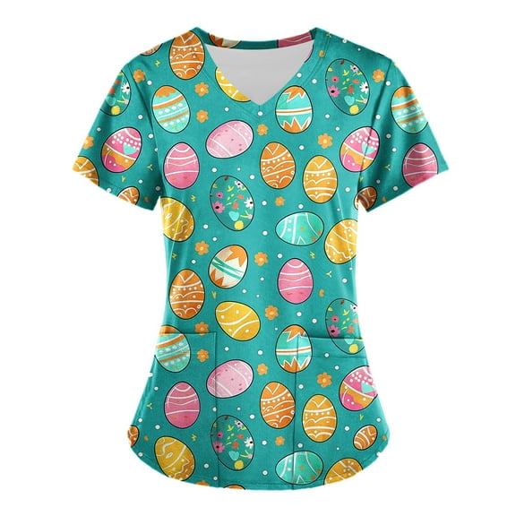 Axiiglly Scrubs for Women Easter Printed Nursing Tops Casual V Neck Scrub Tops with Pockets Short Sleeve Stretchy Nursing Undershirts Holiday Cute Egg Scrubs Uniform