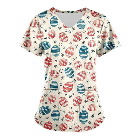 Axiiglly Scrubs for Women Easter Printed Nursing Tops Casual V Neck Scrub Tops with Pockets Short Sleeve Stretchy Nursing Undershirts Holiday Cute Egg Scrubs Uniform on Clearance