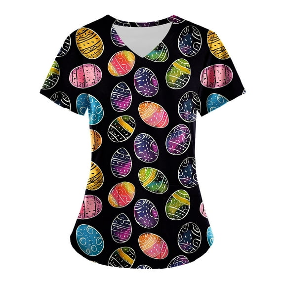 Axiiglly Scrubs for Women Easter Printed Nursing Tops Casual V Neck Scrub Tops with Pockets Short Sleeve Stretchy Nursing Undershirts Holiday Cute Egg Scrubs Uniform on Clearance