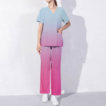 Axiiglly Scrubs for Women Gradient Color Scrubs Sets High Waisted Scrub Pants V Neck Short Sleeve Scrub Tops Comfy Stretchy Scrubs Workwear 2 Piece Nurse Uniforms Set with Pockets on Clearance