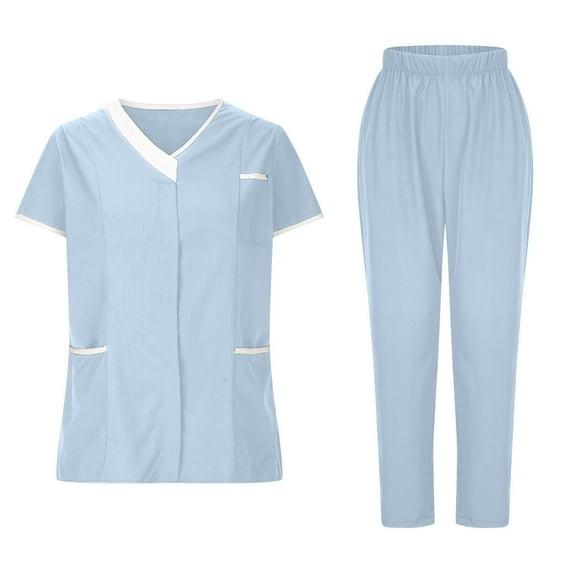 Axiiglly Scrubs for Women Plus Size Scrubs Sets High Waisted Scrub Pants V Neck Short Sleeve Scrub Tops Comfy Splicing Stretchy Scrubs Workwear 2 Piece Nurse Uniforms Set with Pockets