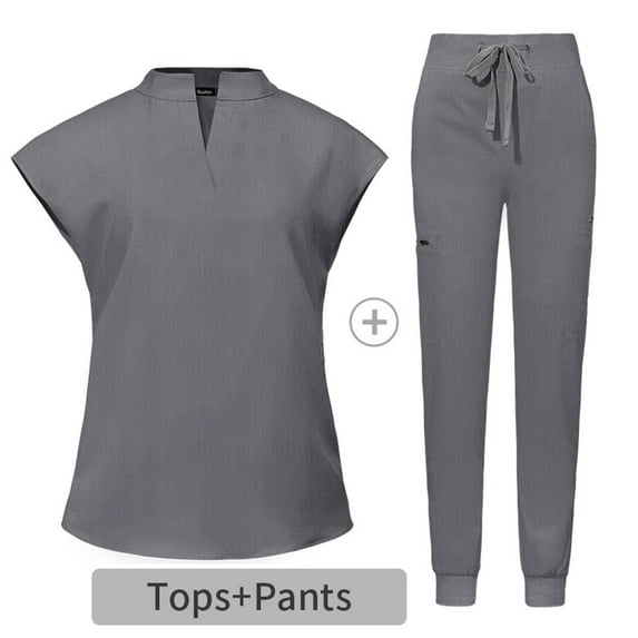 Axiiglly Scrubs for Women Solid Color Stretchy Scrubs Sets Drawstrings High Waisted Scrub Pants Stand V Neck Scrub Tops Comfy Scrub Joggers with Pockets 2 Piece Nurse Uniforms Set