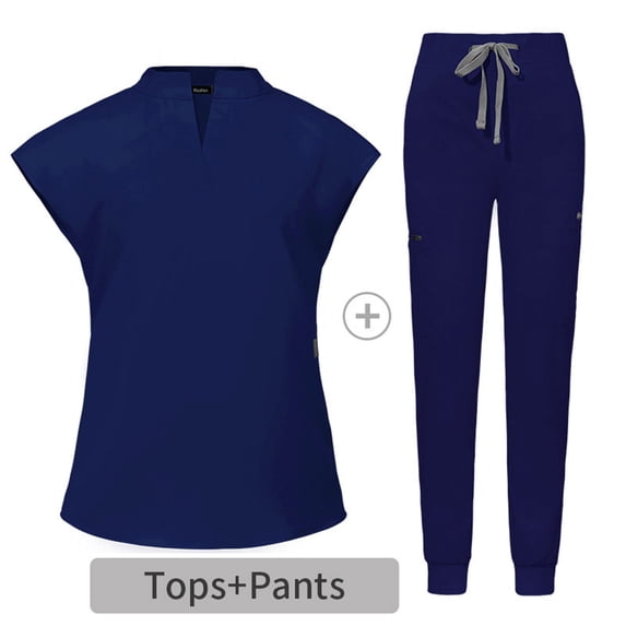Axiiglly Scrubs for Women Solid Color Stretchy Scrubs Sets Drawstrings High Waisted Scrub Pants Stand V Neck Scrub Tops Comfy Scrub Joggers with Pockets 2 Piece Nurse Uniforms Set