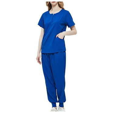 Axiiglly Scrubs for Women Solid Color Stretchy Scrubs Sets High Waisted Scrub Pants Crew Neck Zipper Scrub Tops Comfy Scrub Joggers with Pockets 2 Piece Nurse Uniforms Set on Clearance