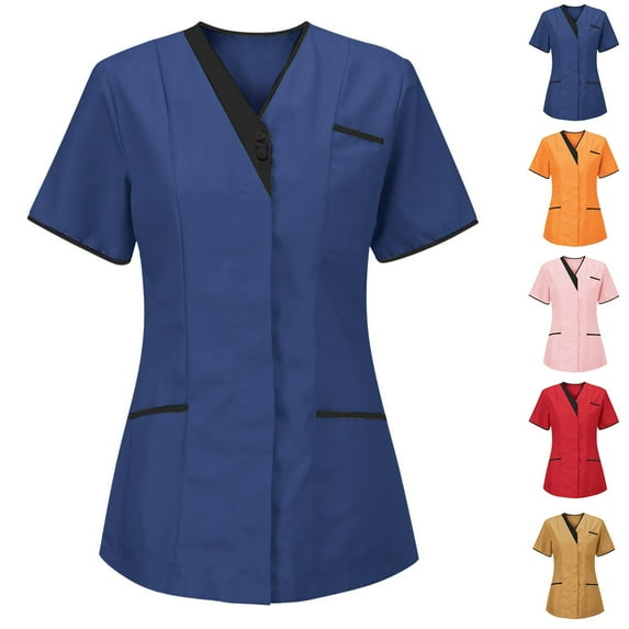 Axiiglly Scrubs for Women Splicing Color Nursing Tops V Neck Plus Size Scrub Tops with Pockets Short Sleeve Stretchy Nursing Undershirts Casual Soft Scrubs Working Uniform