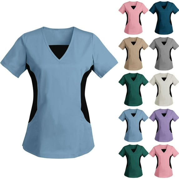 Axiiglly Scrubs for Women V Neck Scrub Tops Splicing Color Nursing Tops Short Sleeve Stretchy Nursing Undershirts Casual Soft Scrubs Working Uniform