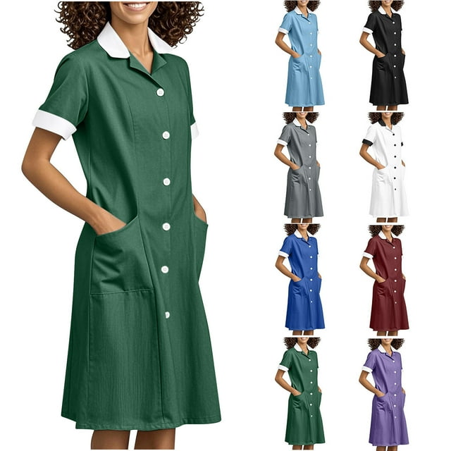 Axiiglly Scrubs for Women Stretchy Lapel Nursing Scrub Dress Splicing Scrub Work Midi Dresses Button Down Nurse Dress Uniform with Pockets