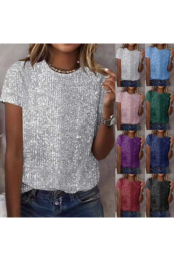 Sequin Tops for Women Crew Neck Short Sleeve Sparkly Tops Party Evening T Shirts M