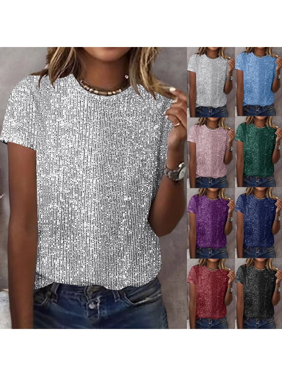 Sequin Tops for Women Crew Neck Short Sleeve Sparkly Tops Party Evening T Shirts S