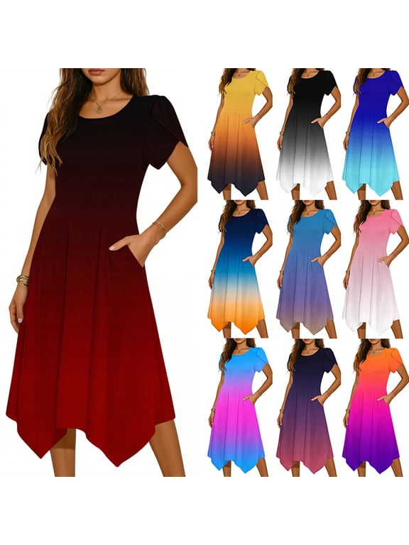 Short Sleeve Midi Dresses for Women Crewneck Gradient Hankerchief Hem Sundress Flowy Beach Vacation Dresses with Pockets, S-2XL