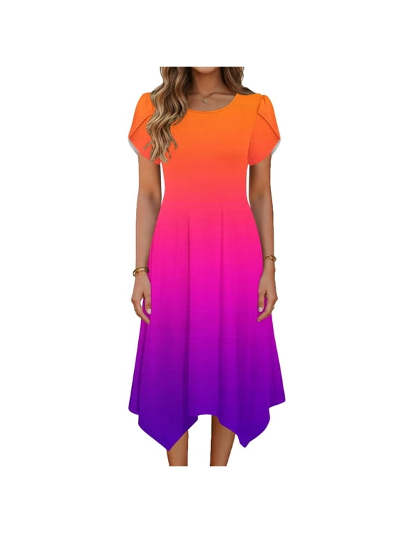 Short Sleeve Midi Dresses for Women Crewneck Gradient Hankerchief Hem Sundress Flowy Beach Vacation Dresses with Pockets, S-2XL
