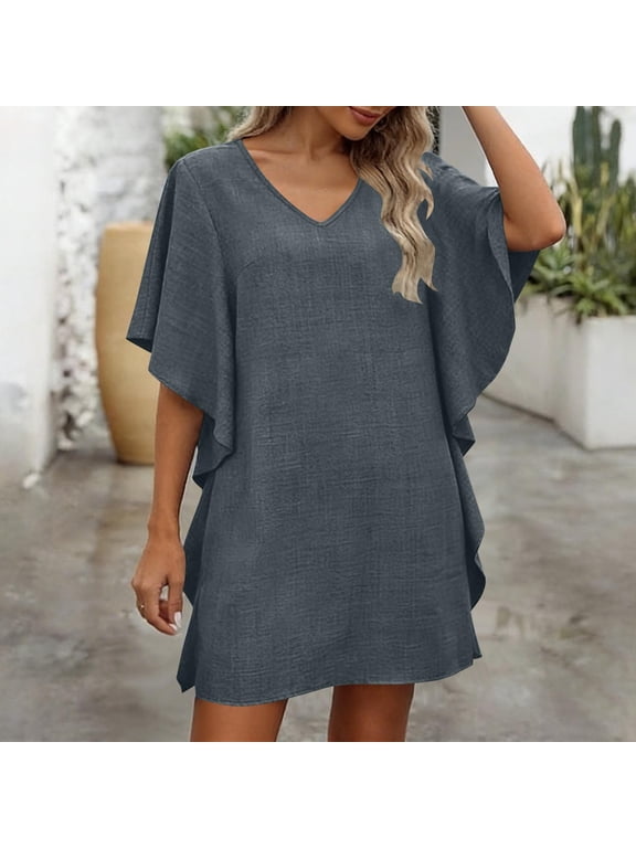 Short Sleeve Mini Dresses for Women V Neck Loose Breathable Ruffle Dresses Trendy Casual Summer Dress, S-2XL