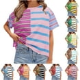 thumbnail image 1 of Axiiglly Striped Shirt for Women Casual Crew Neck Tee Shirt Color Block Loose Summer T-Shirts Short Sleeve Fashion Going Out Tops, 1 of 9